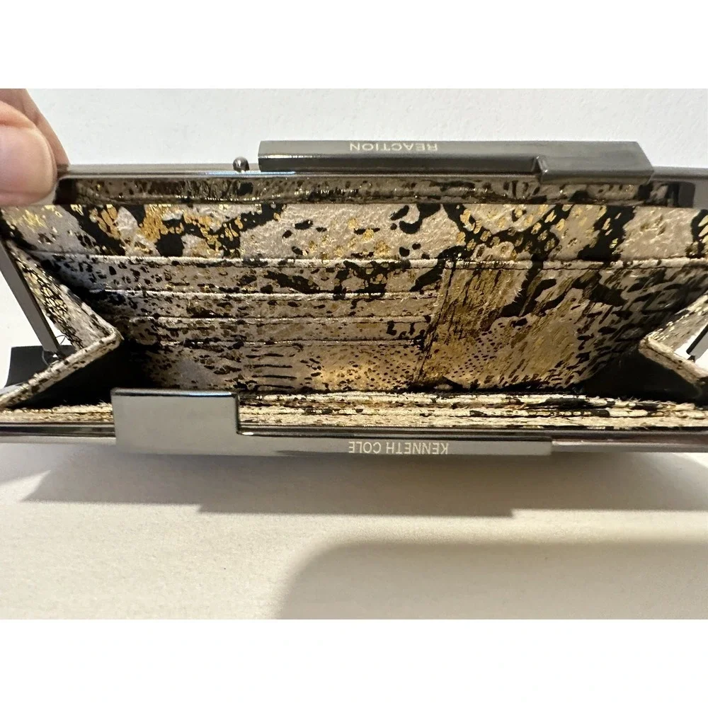 New Kenneth Cole Reaction Black Gold Metallic Snakeskin Clutch Wallet Event